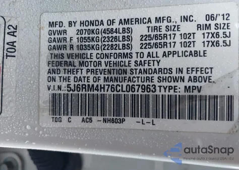 2012 Honda Cr-V Ex-L from USA, damaged, VIN 5J6RM4H76CL067963